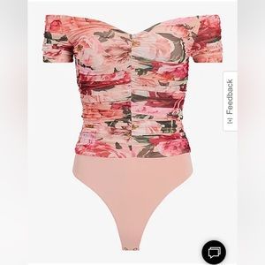 Express Body Contour Floral Mesh Off The Shoulder Thong Bodysuit- L